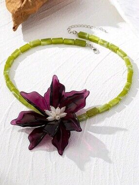 Purple Flower Pendant Artistic Boho Statement Necklace Mixed Beads 17"+3" NWOT